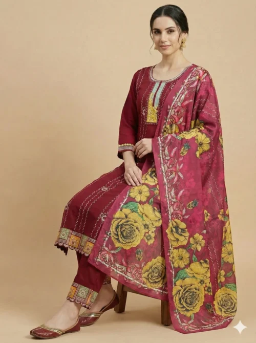 Heavy Embroidery Red Kurta with Pant and Digital Dupatta