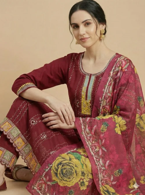 Heavy Embroidery Red Kurta with Pant and Digital Dupatta