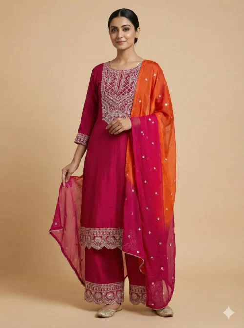 Heavy Embroidery Red Kurta with Plazzo and Dupatta