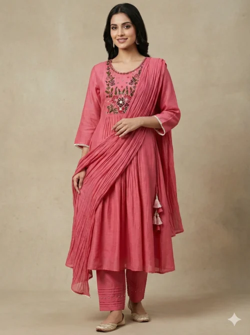 Stylish Mul Chanderi Kurta with Pant and Dupatta - Stylish Mul Chanderi Kurta with Pant and Dupatta - Kottons Stylish Mul Chanderi Kurta with Pant and Dupatta