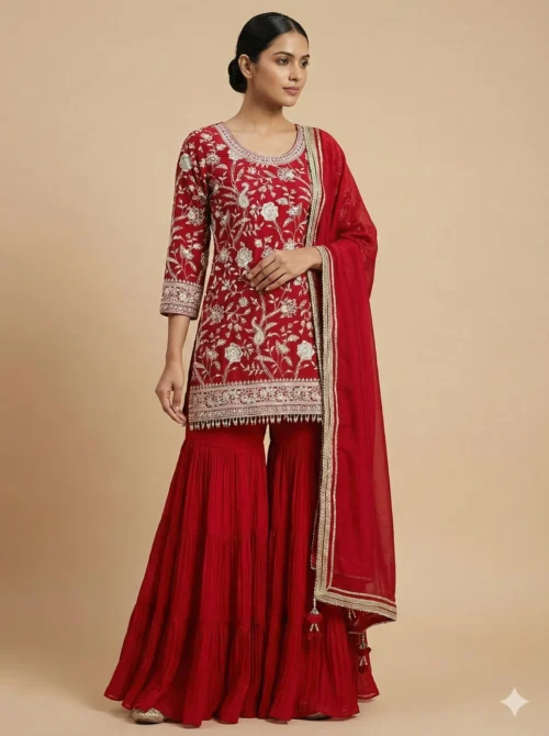 Beautiful All Over Embroidery Kurta with Sharara and Dupatta