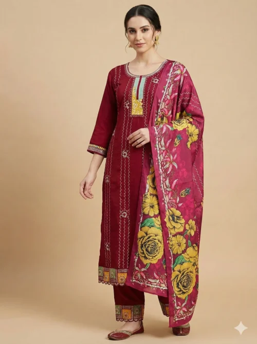 Heavy Embroidery Red Kurta with Pant and Digital Dupatta
