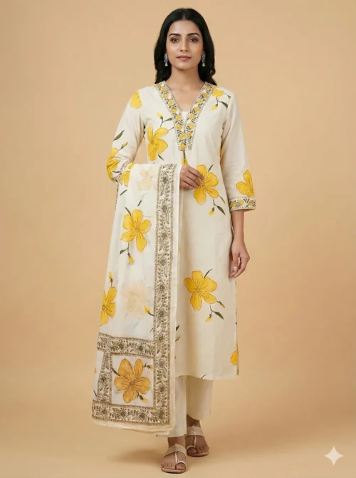 Breezy Floral Prints Elegant White Kurta and Pant with Dupatta - Floral Prints Elegant White Kurta and Pant with Dupatta - Kottons Breezy Floral Prints Elegant White Kurta and Pant with Dupatta