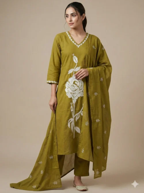 Green Embroidery work Straight Trendy Kurta with Pant