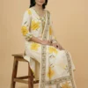Breezy Floral Prints Elegant White Kurta and Pant with Dupatta - Floral Prints Elegant White Kurta and Pant with Dupatta - Kottons Breezy Floral Prints Elegant White Kurta and Pant with Dupatta