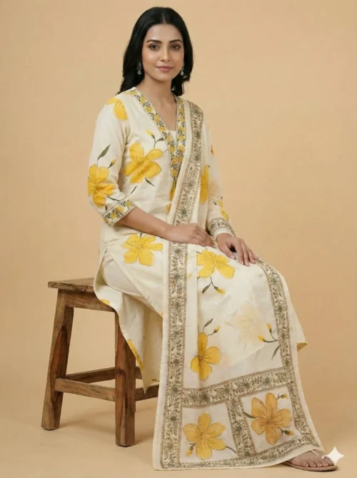 Breezy Floral Prints Elegant White Kurta and Pant with Dupatta - Floral Prints Elegant White Kurta and Pant with Dupatta - Kottons Breezy Floral Prints Elegant White Kurta and Pant with Dupatta