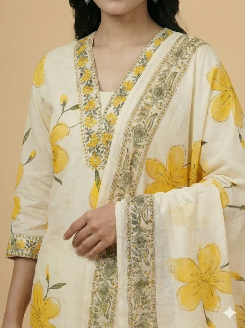 Breezy Floral Prints Elegant White Kurta and Pant with Dupatta - Floral Prints Elegant White Kurta and Pant with Dupatta - Kottons Breezy Floral Prints Elegant White Kurta and Pant with Dupatta