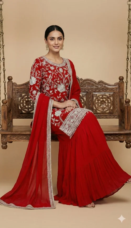 Beautiful All Over Embroidery Kurta with Sharara and Dupatta