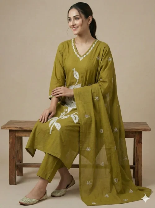 Green Embroidery work Straight Trendy Kurta with Pant