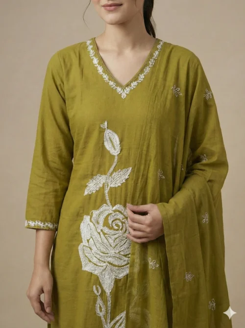 Green Embroidery work Straight Trendy Kurta with Pant