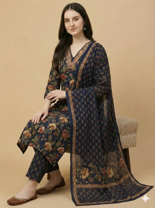 Beautiful Blue Color Beautifully Printed Jaipuri Kurta with Pant and Dupatta