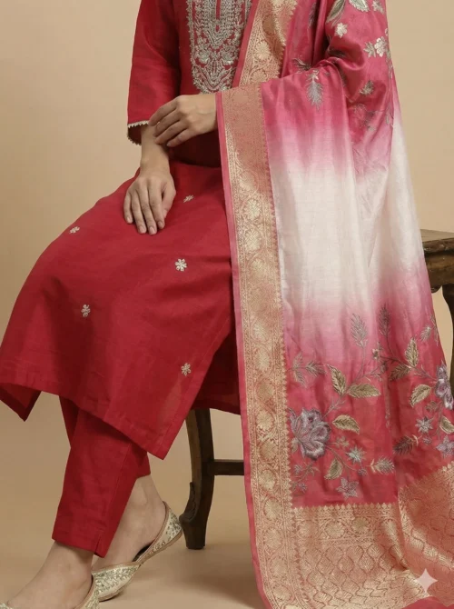 Elegant Embroidery Red Kurta with Pant and Digital Dupatta