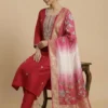 Elegant Embroidery Red Kurta with Pant and Digital Dupatta