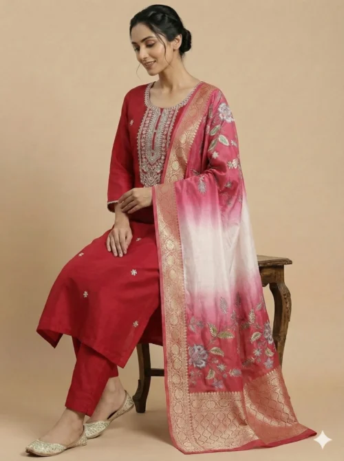 Elegant Embroidery Red Kurta with Pant and Digital Dupatta
