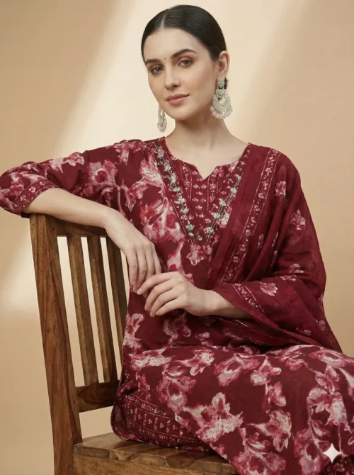 Stunning Red Color Beautifully Floral Printed Jaipuri Kurta with Pant and Dupatta - Red Color Beautifully Floral Printed Jaipuri Kurta with Pant and Dupatta - Kottons Stunning Red Color Beautifully Floral Printed Jaipuri Kurta with Pant and Dupatta