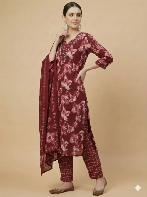 Stunning Red Color Beautifully Floral Printed Jaipuri Kurta with Pant and Dupatta - Red Color Beautifully Floral Printed Jaipuri Kurta with Pant and Dupatta - Kottons Stunning Red Color Beautifully Floral Printed Jaipuri Kurta with Pant and Dupatta