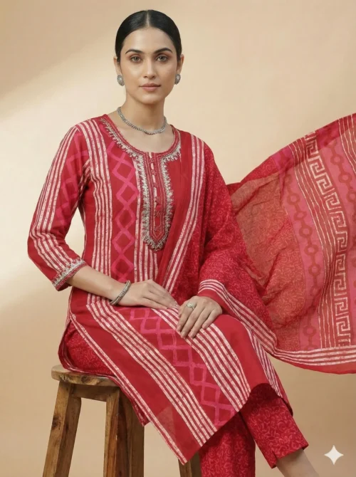 Breezy Women Pink Printed Kurta with Pant & Dupatta