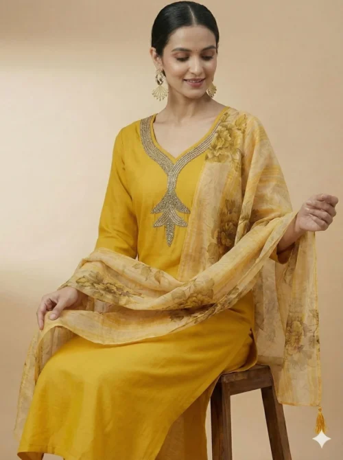 Stylish Heavy Embroidery Yellow Kurta with Pant and Dupatta
