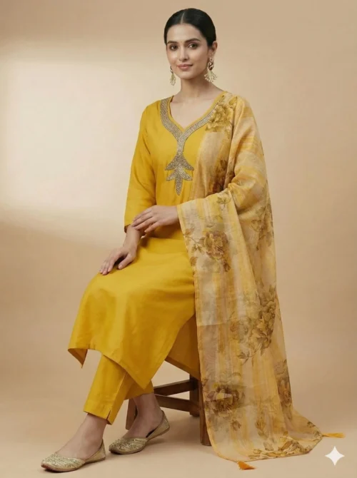 Stylish Heavy Embroidery Yellow Kurta with Pant and Dupatta