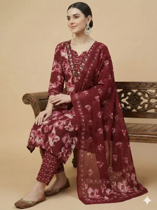 Stunning Red Color Beautifully Floral Printed Jaipuri Kurta with Pant and Dupatta - Red Color Beautifully Floral Printed Jaipuri Kurta with Pant and Dupatta - Kottons Stunning Red Color Beautifully Floral Printed Jaipuri Kurta with Pant and Dupatta