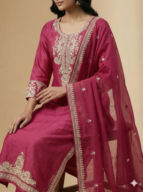 Beautiful Lace Work Pink Kurta with Pant and Dupatta