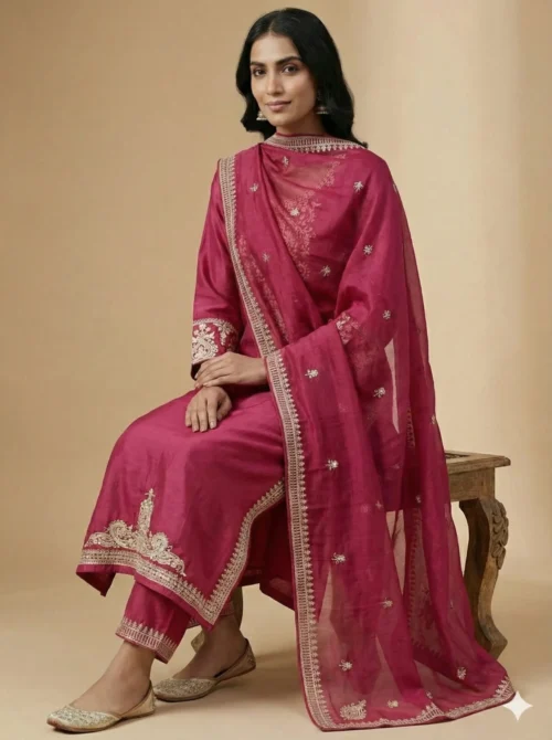 Beautiful Lace Work Pink Kurta with Pant and Dupatta