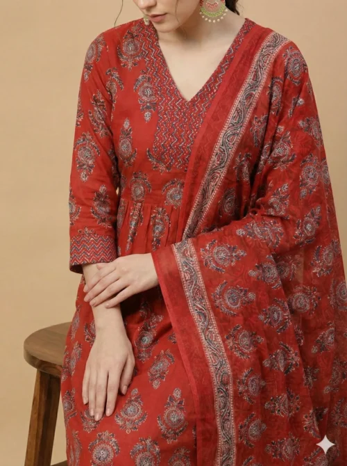 Elegantly Printed Red Kurta with Pant & Dupatta