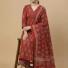 Elegantly Printed Red Kurta with Pant & Dupatta