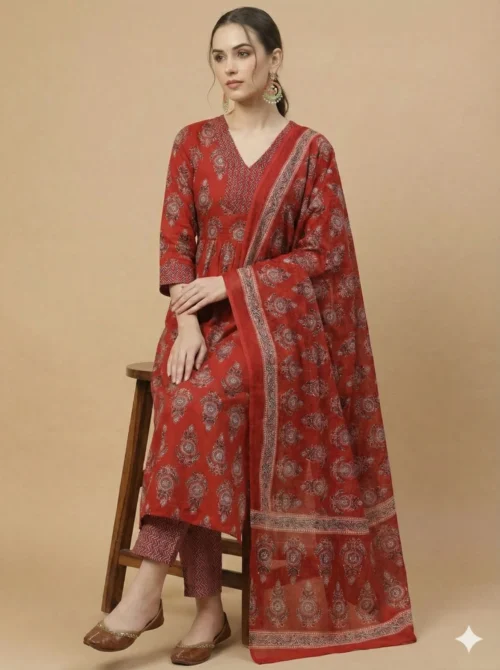 Elegantly Printed Red Kurta with Pant & Dupatta