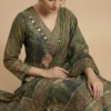 Handcrafted Green Printed with Mirror Work Kurta with Pant and Dupatta - Green Printed with Mirror Work Kurta with Pant and Dupatta - Kottons Handcrafted Green Printed with Mirror Work Kurta with Pant and Dupatta