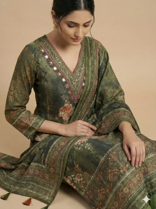 Handcrafted Green Printed with Mirror Work Kurta with Pant and Dupatta - Green Printed with Mirror Work Kurta with Pant and Dupatta - Kottons Handcrafted Green Printed with Mirror Work Kurta with Pant and Dupatta