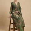 Handcrafted Green Printed with Mirror Work Kurta with Pant and Dupatta - Green Printed with Mirror Work Kurta with Pant and Dupatta - Kottons Handcrafted Green Printed with Mirror Work Kurta with Pant and Dupatta