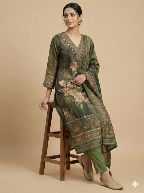 Handcrafted Green Printed with Mirror Work Kurta with Pant and Dupatta - Green Printed with Mirror Work Kurta with Pant and Dupatta - Kottons Handcrafted Green Printed with Mirror Work Kurta with Pant and Dupatta