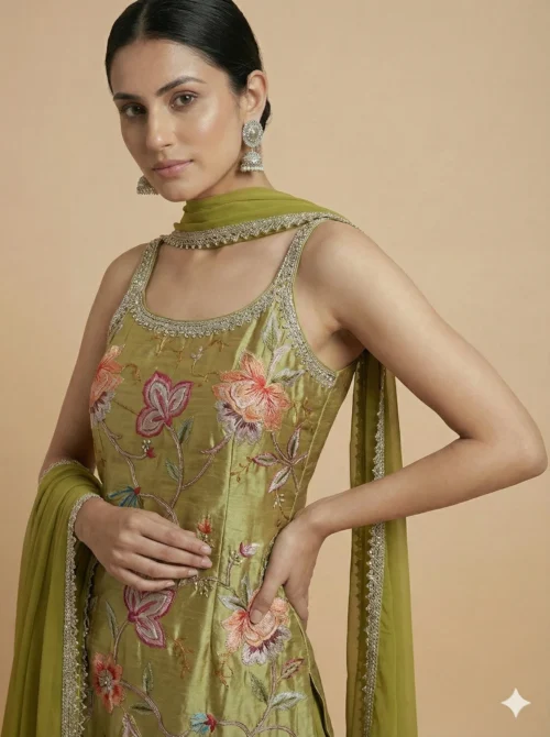 Green Flower Printed Kurta with Sharara and Dupatta