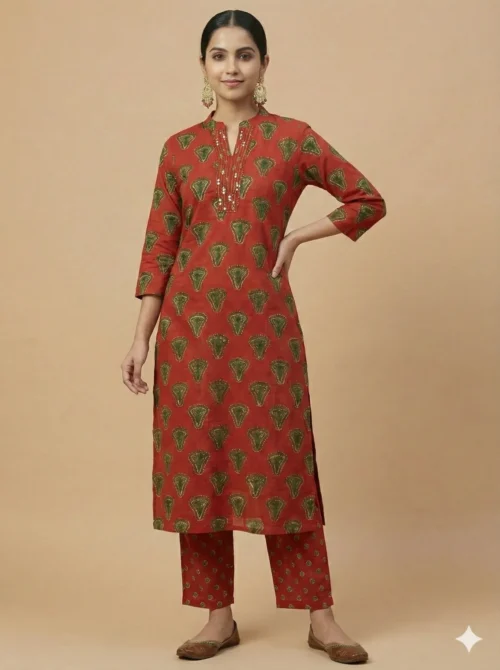 Pure Cotton Printed Red Kurta with Pant & Dupatta - Pure Cotton Printed Red Kurta with Pant & Dupatta - Kottons Pure Cotton Printed Red Kurta with Pant & Dupatta