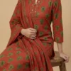 Pure Cotton Printed Red Kurta with Pant & Dupatta - Pure Cotton Printed Red Kurta with Pant & Dupatta - Kottons Pure Cotton Printed Red Kurta with Pant & Dupatta