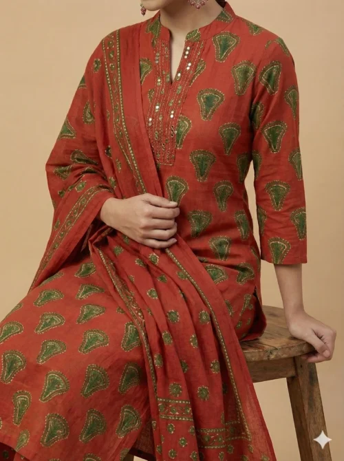 Pure Cotton Printed Red Kurta with Pant & Dupatta - Pure Cotton Printed Red Kurta with Pant & Dupatta - Kottons Pure Cotton Printed Red Kurta with Pant & Dupatta