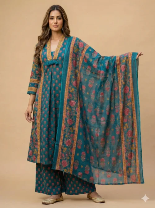 Elegantly Printed Turquoise Kurta with Plazzo & Dupatta