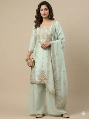 Roman Glass Shimmer Heavy Front Embroidered Short Kurta With Roman Glass Shimmer Plazzo and Silk Heavy Beautiful Embroidered Dupatta