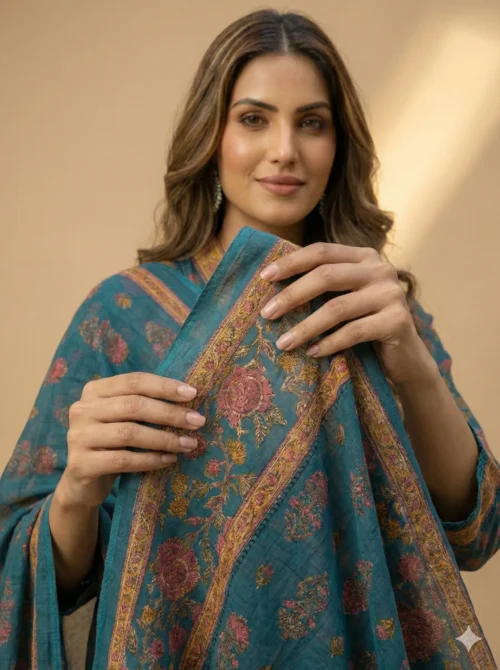 Elegantly Printed Turquoise Kurta with Plazzo & Dupatta