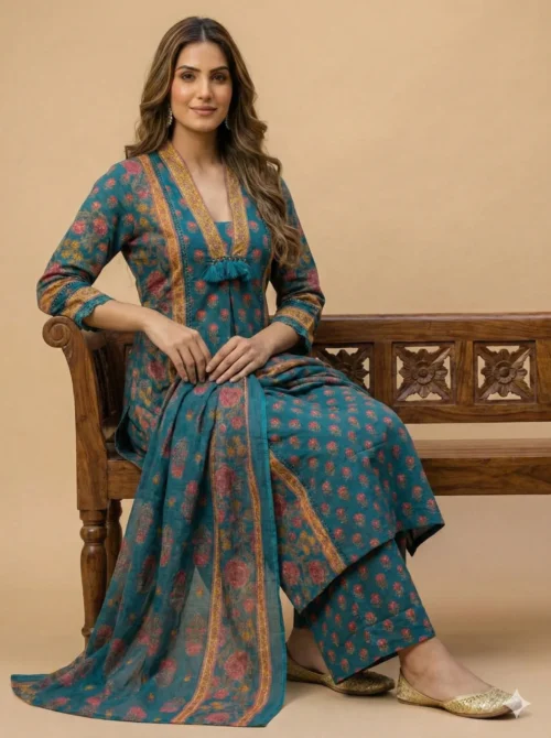 Elegantly Printed Turquoise Kurta with Plazzo & Dupatta