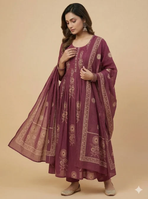 Beautiful Neck Embroidery Purple Kurta with Pant and Dupatta