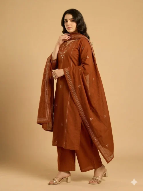 Elegant Rust Mirror Work Kurta with Palazo & Dupatta