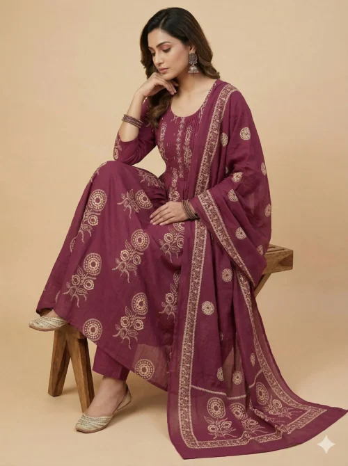 Beautiful Neck Embroidery Purple Kurta with Pant and Dupatta