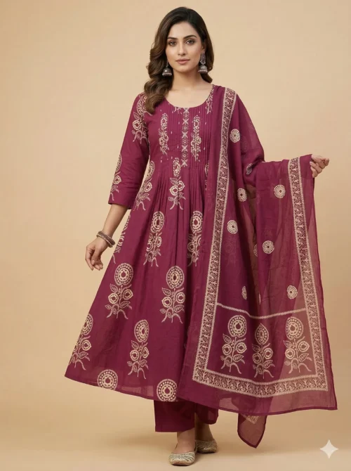 Beautiful Neck Embroidery Purple Kurta with Pant and Dupatta