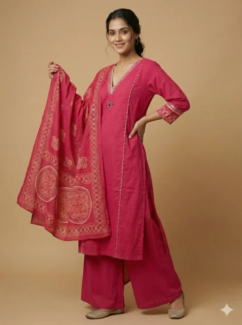Elegant Pink A-Line Kurta with Palazzo and Dupatta