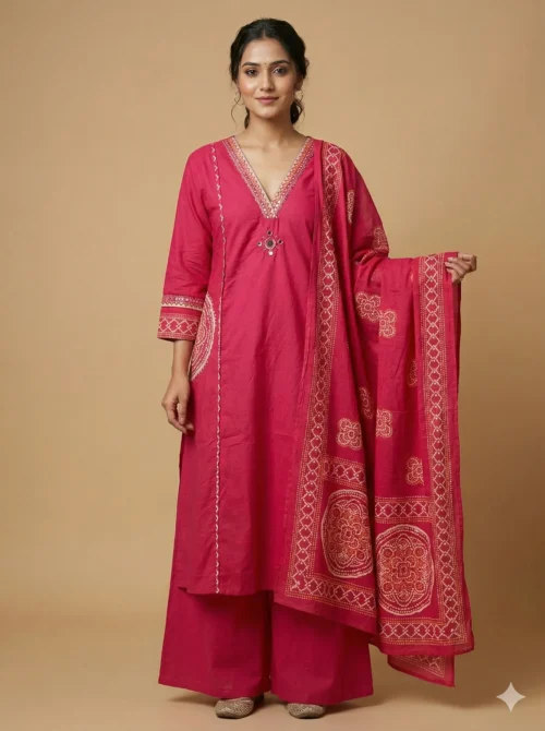 Elegant Pink A-Line Kurta with Palazzo and Dupatta