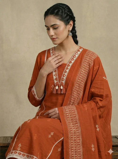 Pure Premium Cotton Ikkat Printed Beautiful Neck Kurta With Palazzo And Dupatta