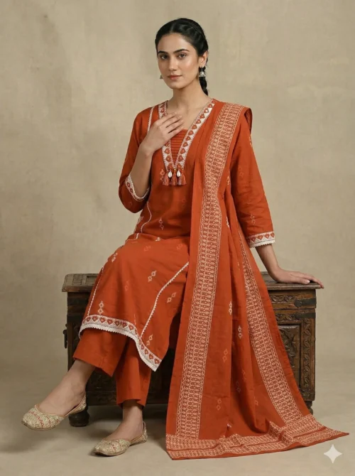 Pure Premium Cotton Ikkat Printed Beautiful Neck Kurta With Palazzo And Dupatta