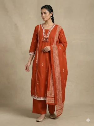 Kottons - Kottons - Kottons Pure Premium Cotton Ikkat Printed Beautiful Neck Kurta With Palazzo And Dupatta